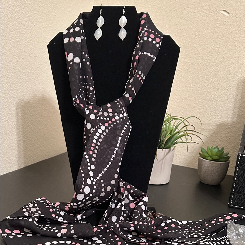 Polka Dot Semi Sheer  Scarf and Earrings Set